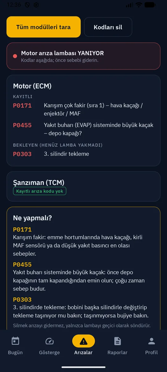 KADRAN Arızalar ekranı: motor arıza lambası yanıyor, P0171 ve P0455 kayıtlı, P0303 bekleyen kod, altında ne yapmalı önerileri