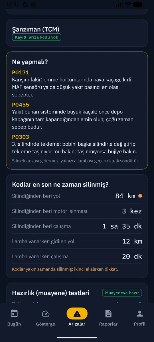 Kodlar en son ne zaman silinmiş: silindiğinden beri 84 km, lamba yanarken 12 km
