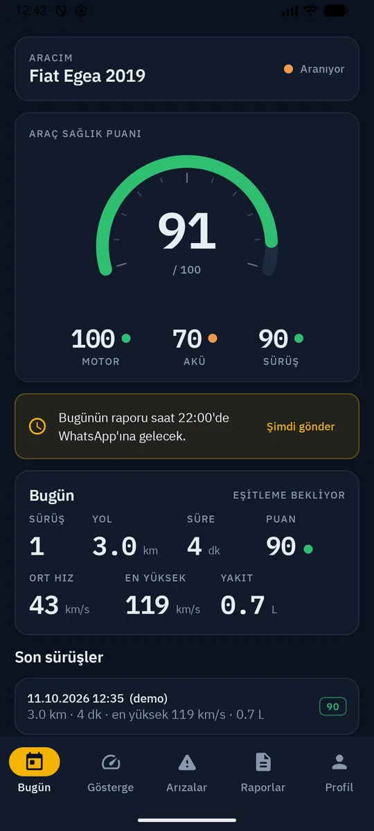 KADRAN uygulamasının Bugün ekranı: araç sağlık puanı, günlük özet ve 22:00 WhatsApp raporu şeridi