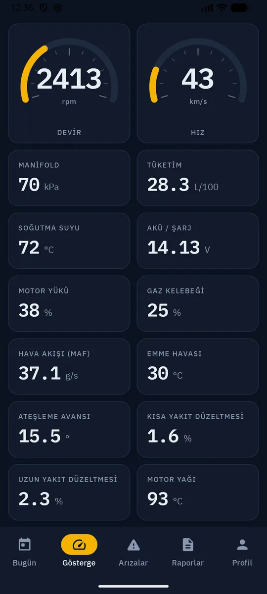 Canlı gösterge ekranı: devir ve hız kadranları, su sıcaklığı, akü voltajı