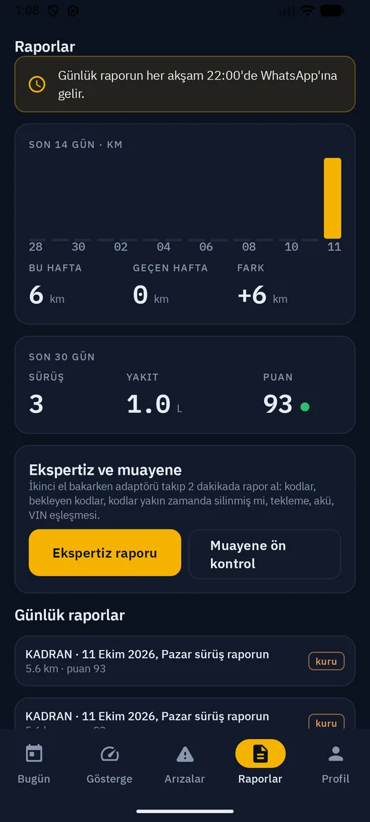 Raporlar ekranı: son 14 gün kilometre grafiği, sürüş sayısı, yakıt ve puan